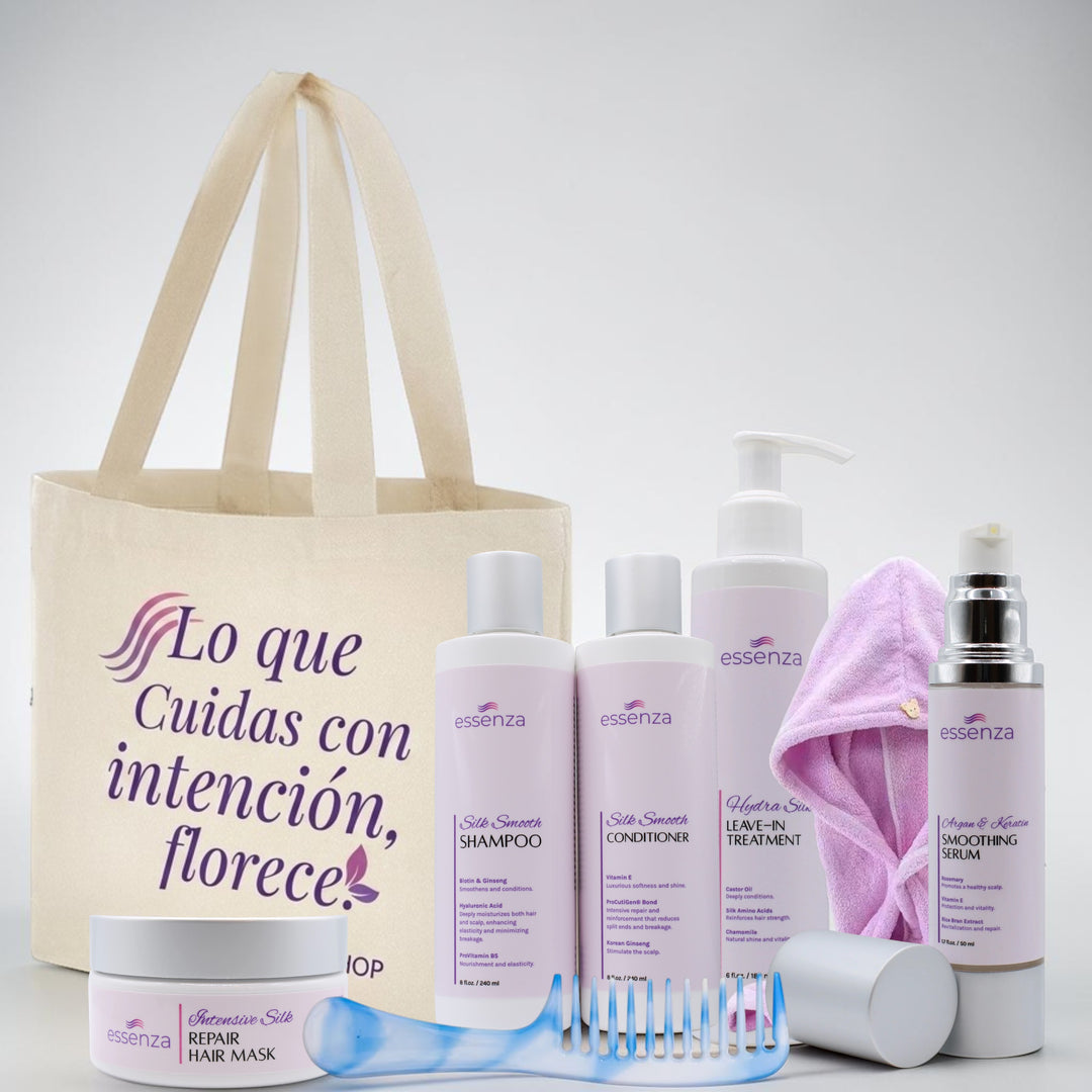 Rutina completa Essenza para hidratar, reparar y controlar el frizz. Incluye shampoo, acondicionador, mascarilla, leave-in, serum y accesorios gratis.