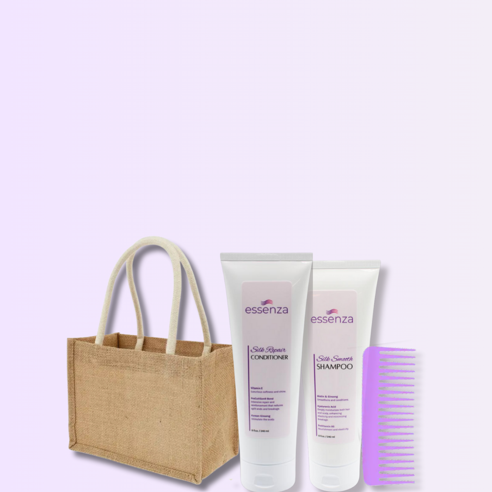 Dúo Essenza Shampoo y Acondicionador con peine lavanda y bolsa reutilizable