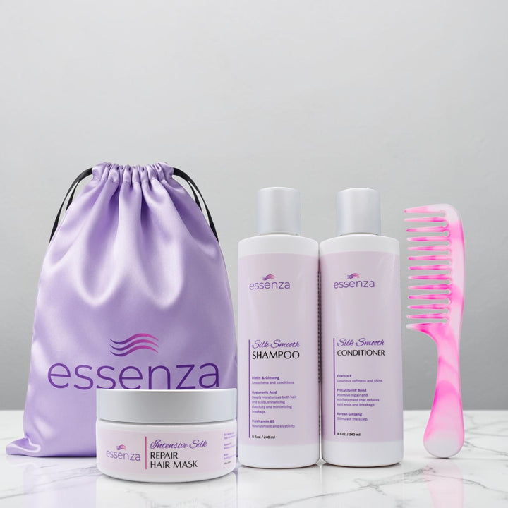 Kit Essenza con shampoo, acondicionador, mascarilla, peinilla desenredante y bulto satinado
