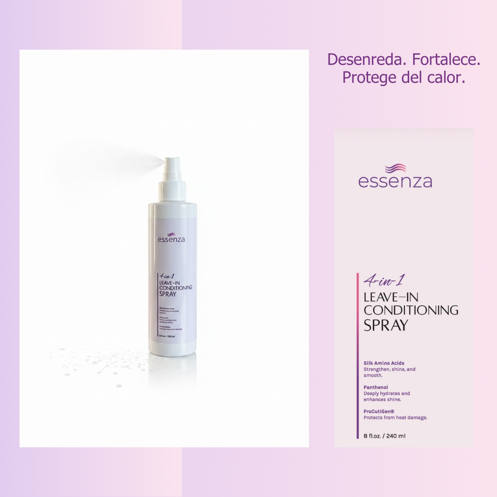 Spray sin enjuague Essenza 4-en-1 que fortalece, hidrata, controla el frizz y protege tu cabello del calor