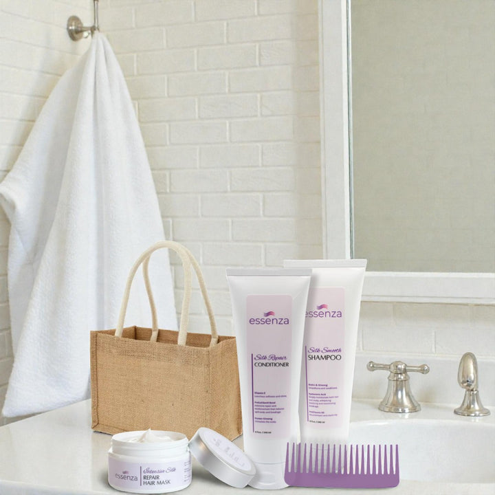 Kit Essenza con shampoo, acondicionador, mascarilla, peine lavanda y tote bag Special Edition.
