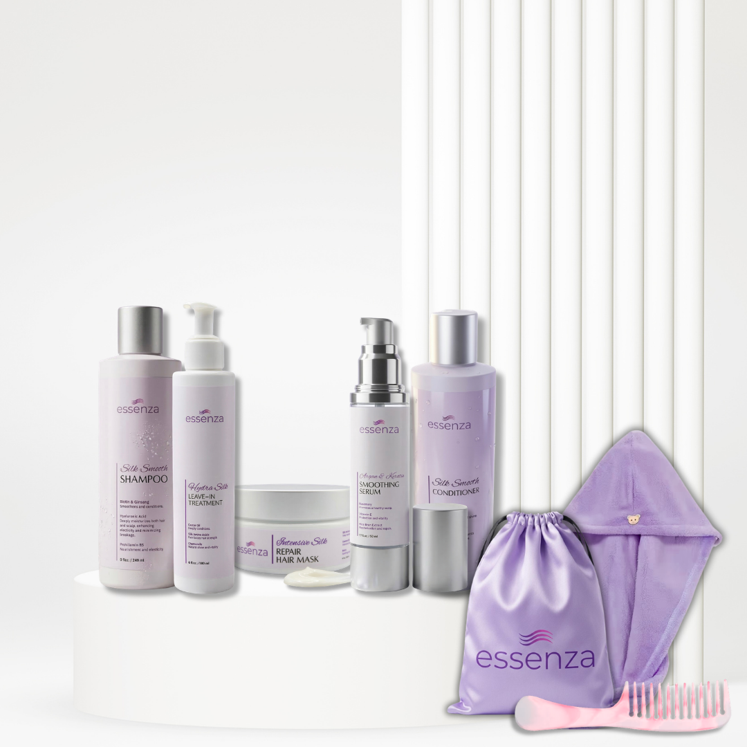 Rutina completa Essenza para hidratar, reparar y controlar el frizz. Incluye shampoo, acondicionador, mascarilla, leave-in, serum y accesorios gratis.