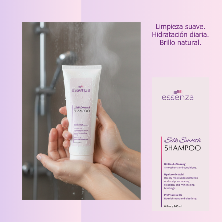envase del shampoo essenza silk smooth diseñado para limpieza suave e hidratante