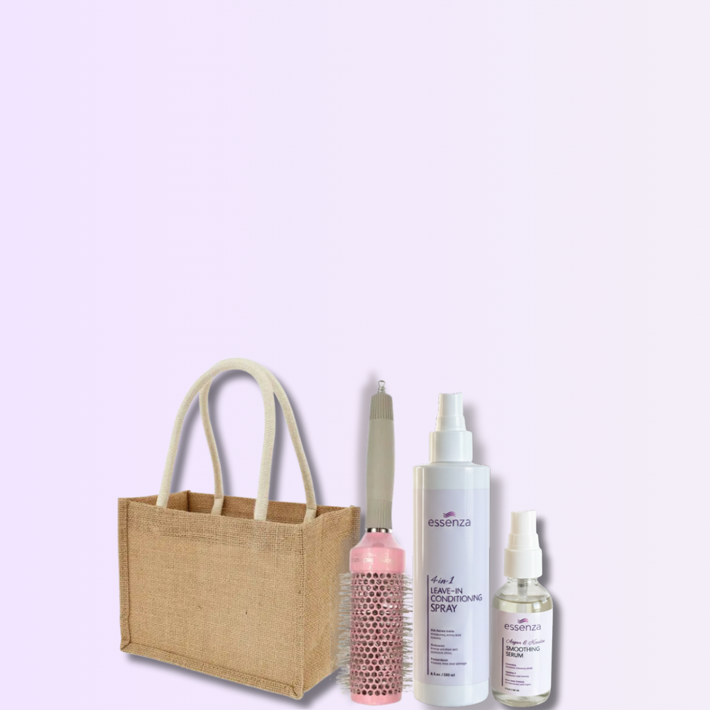 Kit Essenza con protector térmico, sérum, cepillo nano titanium, peine lavanda y tote bag