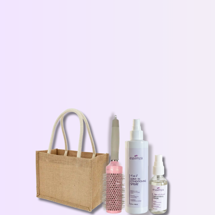 Kit Essenza con protector térmico, sérum, cepillo nano titanium, peine lavanda y tote bag
