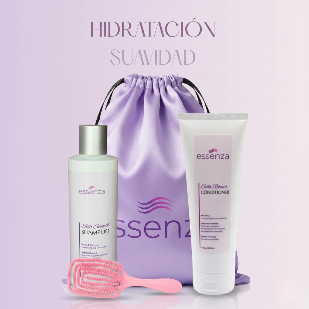 Dúo Essenza Shampoo y Acondicionador con CEPILLO DESENREDANTE y bulto satinado