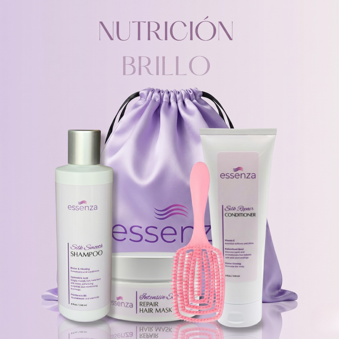 Kit Essenza con shampoo, acondicionador, mascarilla, CEPILLO DESENREDANTE y bultosatinado
