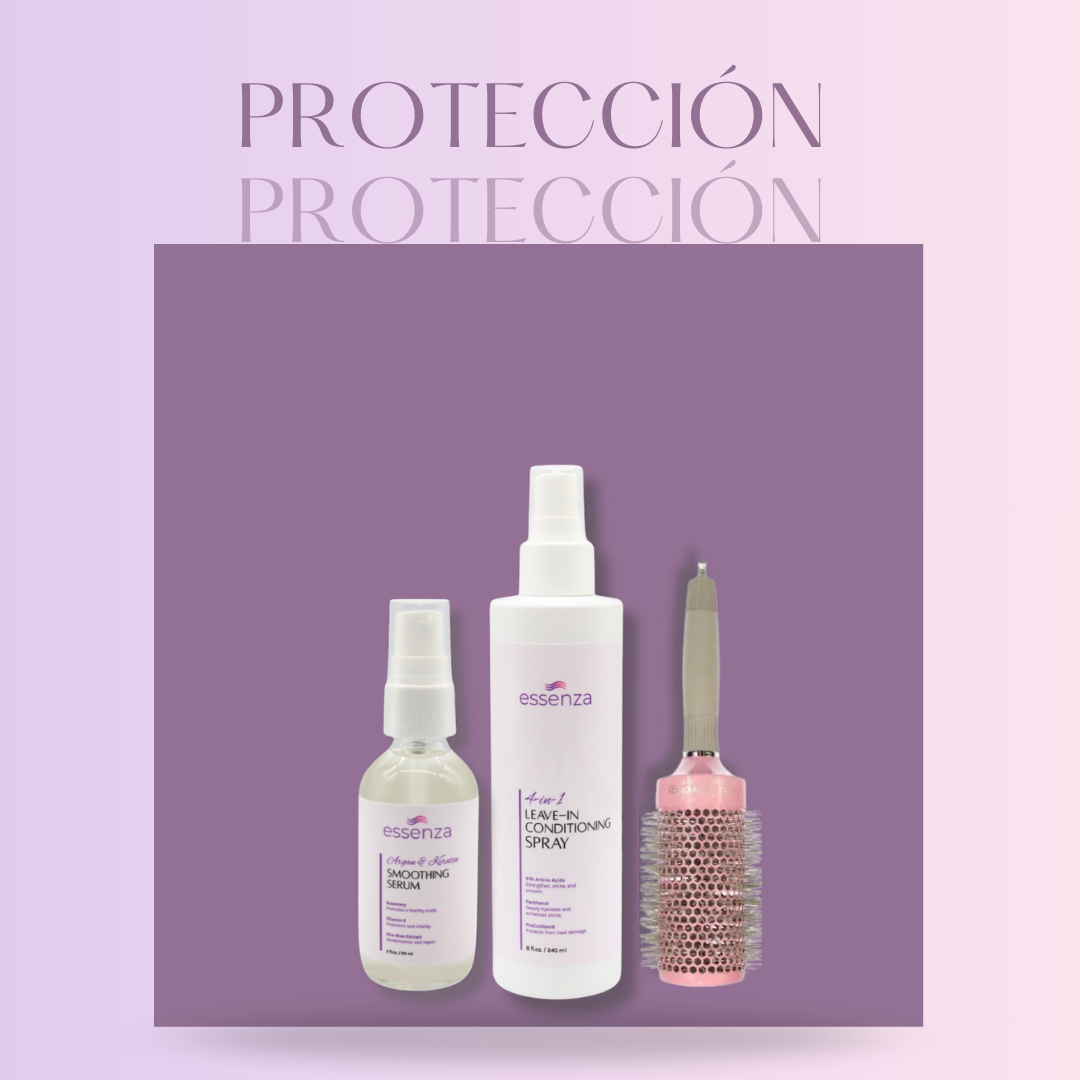 Kit Essenza con protector térmico, sérum, cepillo nano titanium, peine lavanda y tote bag