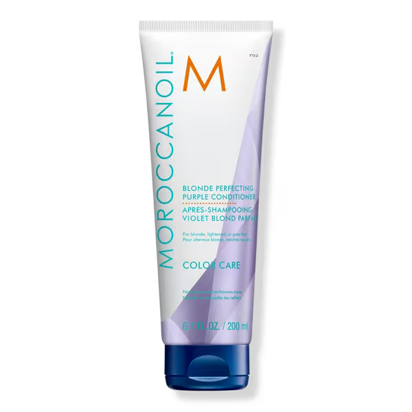 Frasco Moroccanoil Blonde Perfecting Purple Conditioner con pigmentos violetas.