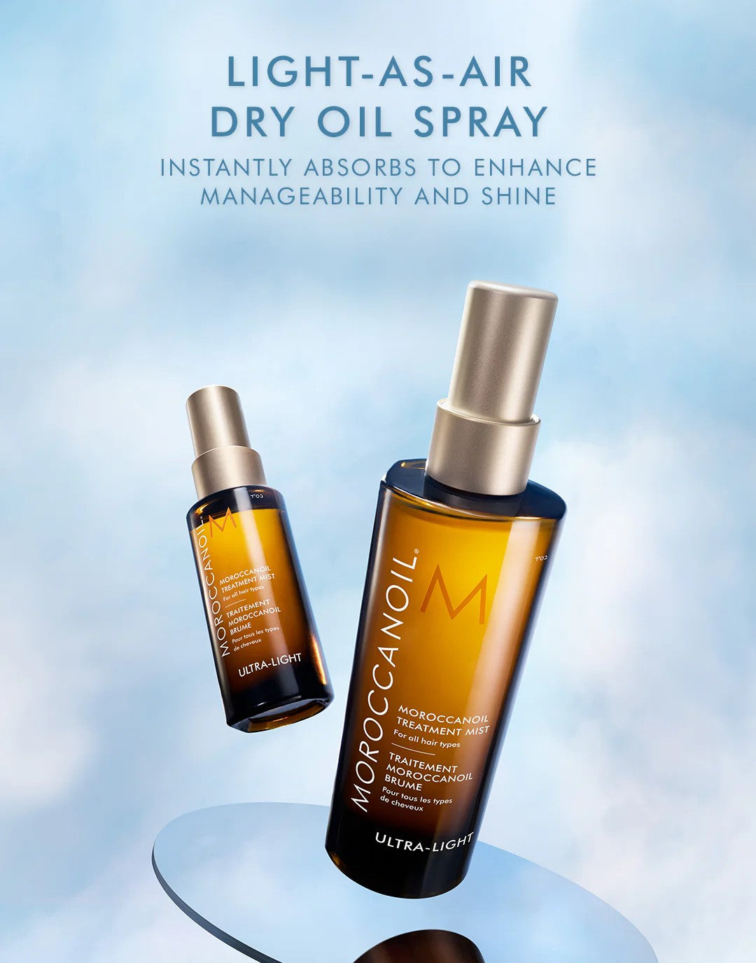 Aplicación de Moroccanoil Treatment Mist desde medios a puntas para suavizar y dar brillo inmediato