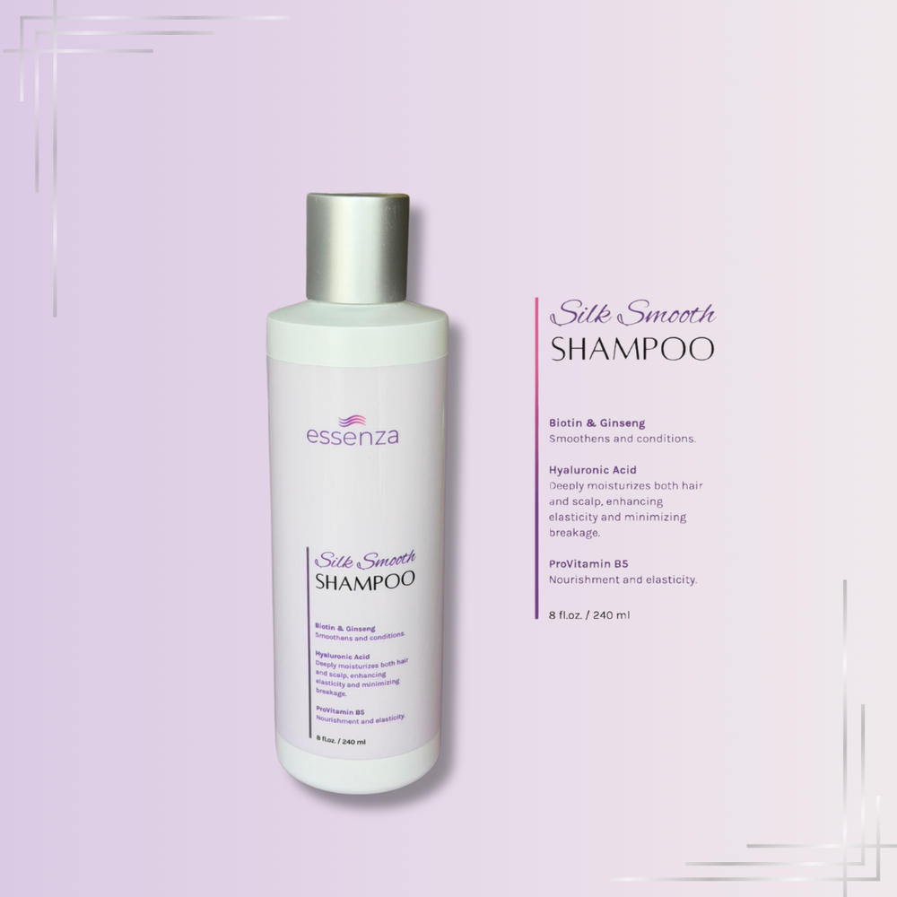 Shampoo hidratante Essenza Silk Smooth con biotina y ácido hialurónico, diseñado para reparar y dar brillo al cabello seco o dañado